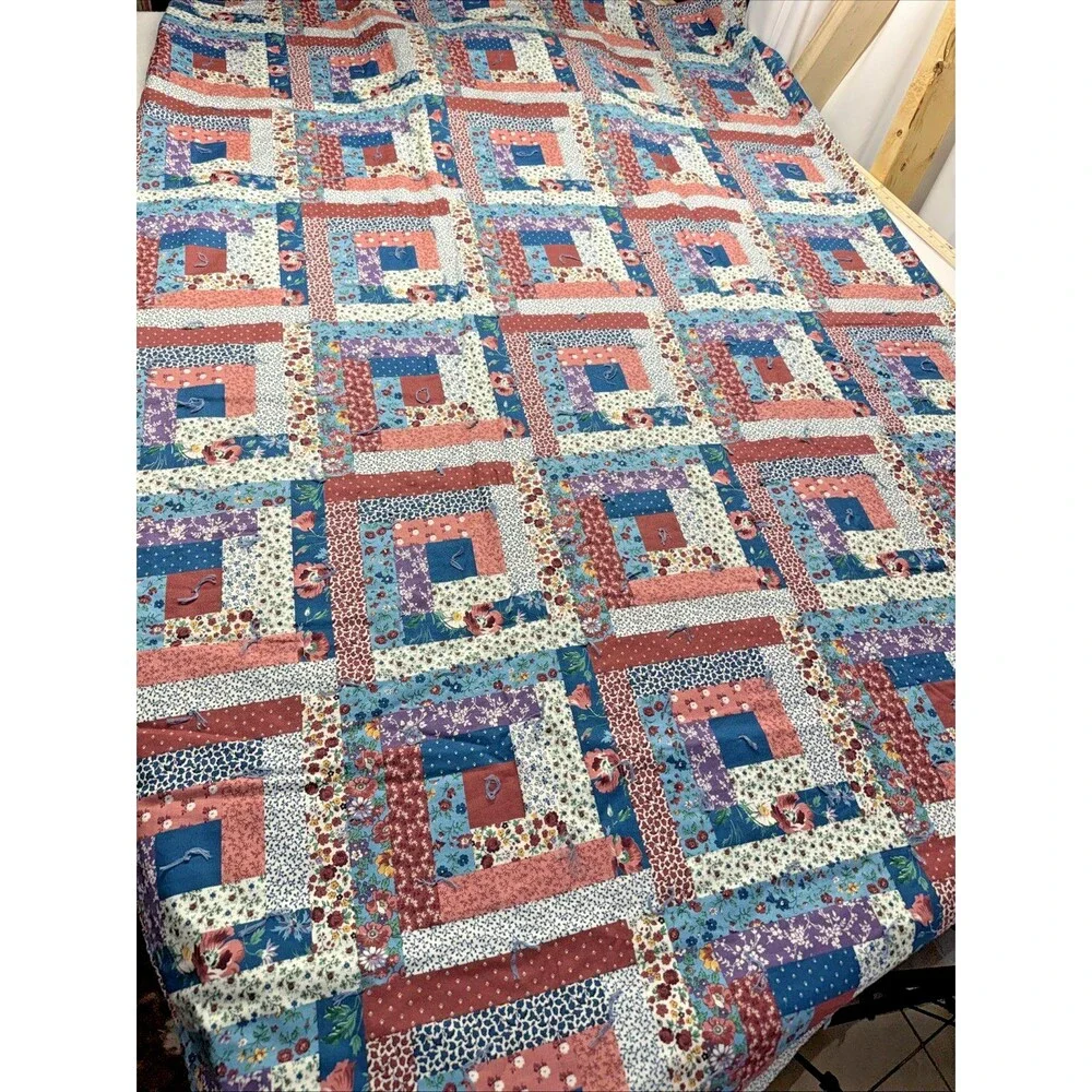 Handmade Log Cabin Quilt Pillow Convertible Throw Blanket Lace Trim 42x67